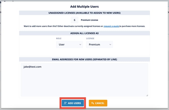 Users pop-up showing email field and Add Users button