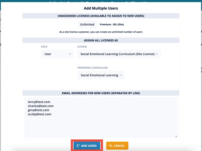 Add Users pop-up showing email field and Add Users button