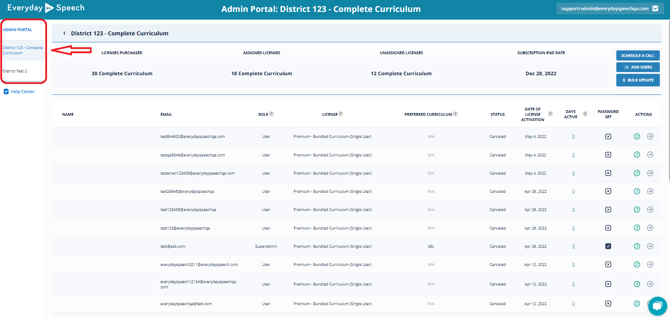 Account-selector panel listing multiple schools
