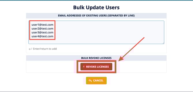 Bulk Update form showing email list and Revoke Licenses button