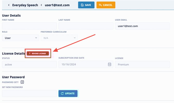 User record with Revoke License button