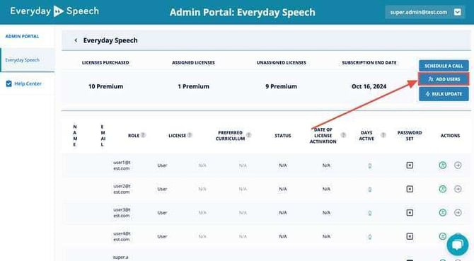 User management home page; Click Add Users