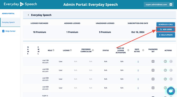 admin portal dashboard; add users button highlighted