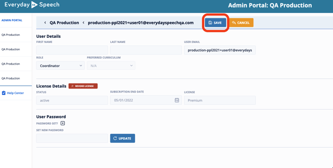 Role dropdown showing Coordinator option; click Save