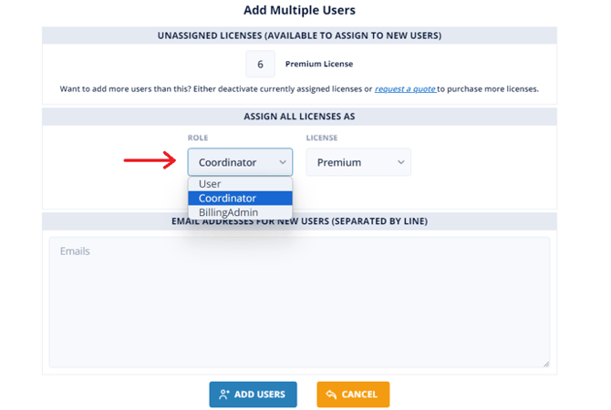 Add Multiple Users Pop up; Select Role