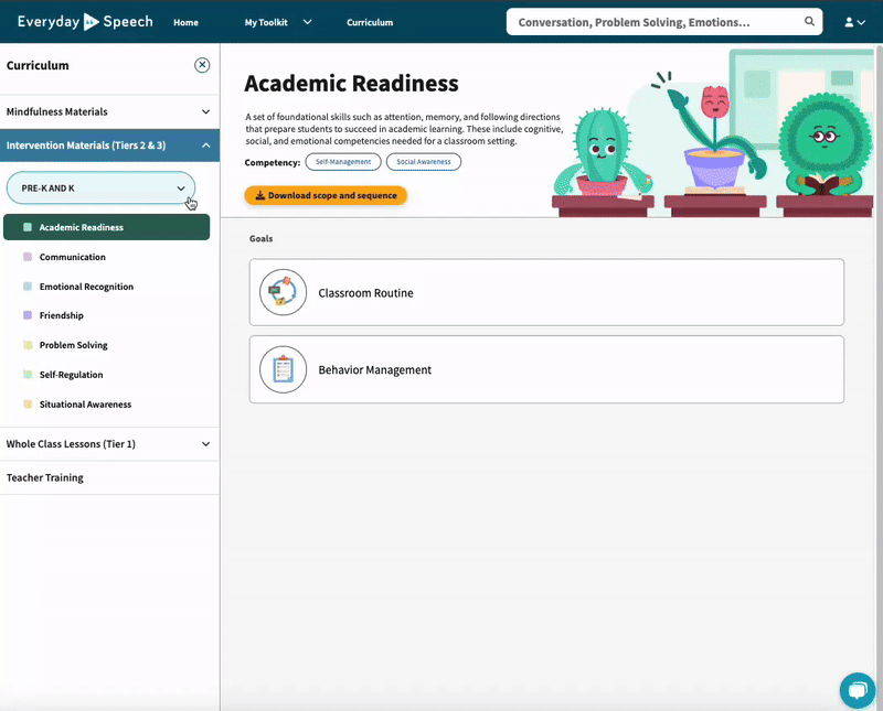Animated GIF showing a user navigating the Everyday Speech curriculum interface. The user selects their age range, browses available skills, and chooses a unit to access relevant materials.