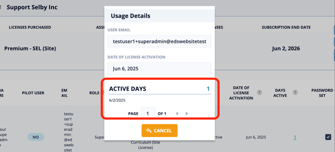 Click the number under the Days Active column to view the usage details window. 