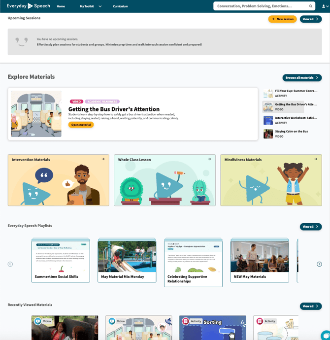 Image of the home page dashboard showing sections labeled Upcoming Sessions, Recently Viewed Materials, My Playlists, Everyday Speech Playlists, and Featured Goals or Materials, arranged in a clean, organized layout with clear headings.