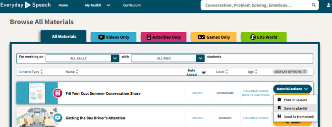 Click "Material Actions" on the rightmost side of the material listed.