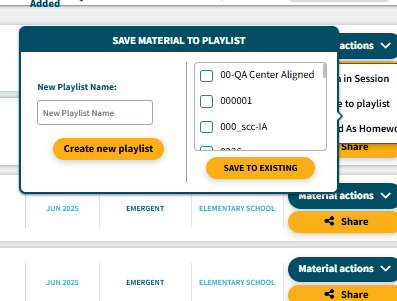 Click Save to Playlist option to open Save Material to Playlist lightbox.