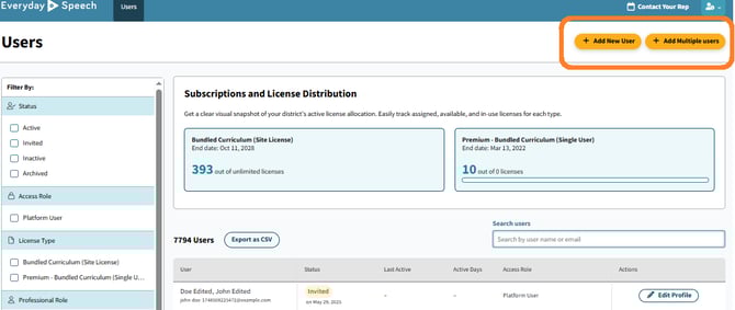On your top right view, click Add New User or Add Multiple Users buttons to add new users if you have available license seats.