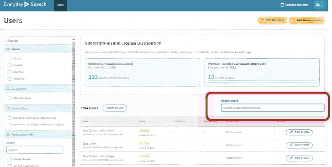 To search for a specific user record, use the Search feature within the Admin Portal.